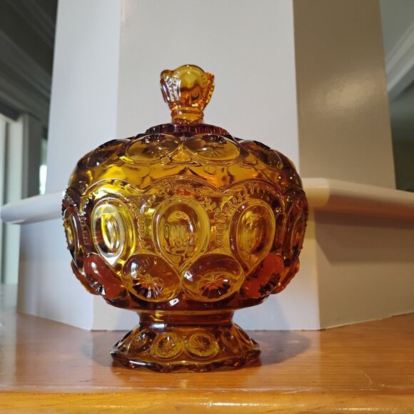 LE Smith Moon and Stars Amber Compote Candy Dish with Lid 7.5" - READ - Picture 1 of 16